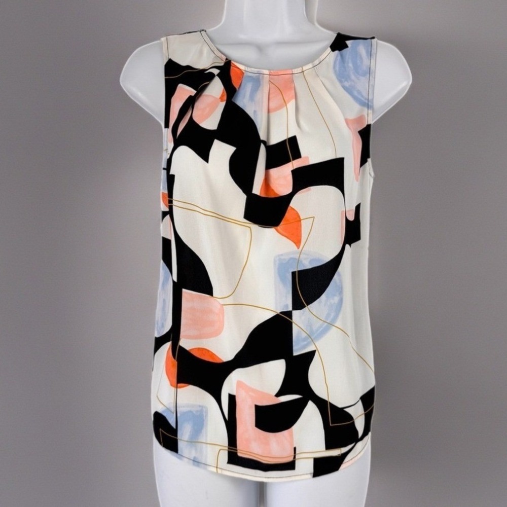 Worthington Blouse Women XS Multicolor Abstract Geometric Sleeveless Pleated Top